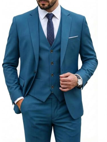 Hihawk Herren 3-teiliger Anzug mit Stretch-Stoff, solide schmale Passform, Ein-Knopf-Anzug, Blazer-Set, Jacke, Weste, Hose mit Krawatte
