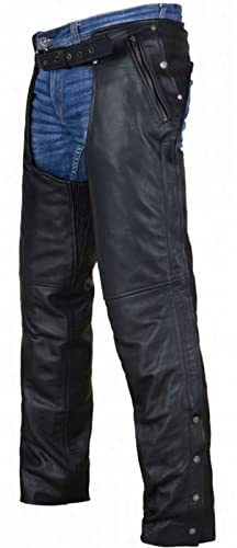 Dream Apparel Schwarze Leder-Motorrad-Chaps für Herren und Damen, mit Futter und vier Taschen, Cowboy-Biker-Chaps Hose, 01 – Schwarze Chaps mit herausnehmbarem Futter, M