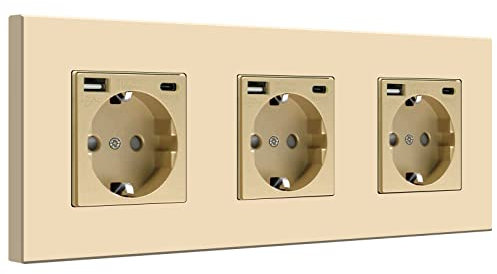 BSEED Steckdose 3 Fach mit USB (Max. 2.1A) und Typ C, Usb C Steckdose, Unterputz Steckdose, PC Panel Steckdosen Kindersicherung, Einbausteckdose, 3er Steckdose,Usb Steckdose mit C Port,Gold- 228mm