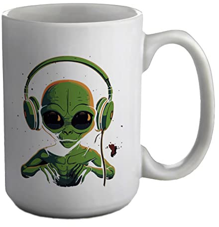 Shopagift Alien Music Headphones Mug DJ Dance, Party, Rock Roll Indie Concert White 15oz Large Gift Cup