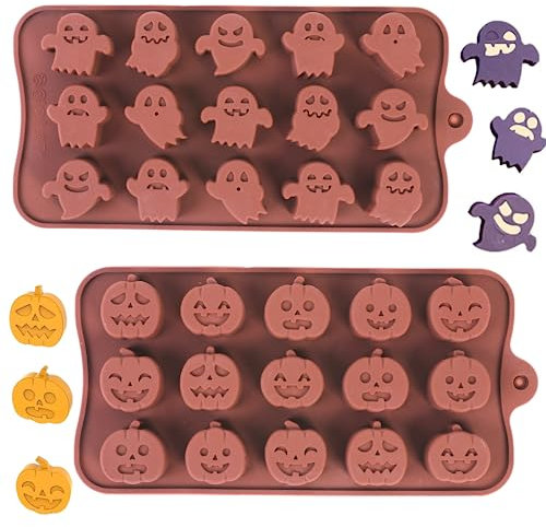 Lot de 2 moules en silicone à 15 cavités en forme de citrouille et fantôme pour Halloween, chocolats, biscuits, gelée