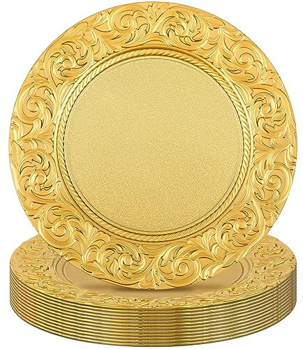 Uiifan 12 Pcs Antique Charger Plates Bulk 13'' Plastic Embossed Dinner Plate Chargers Round Floral Plates for Wedding Decorative Chargers for Table Dinner Kitchen Party Decoration (Gold)
