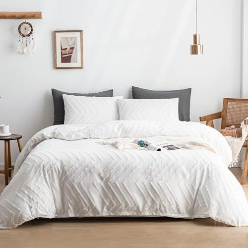 Nyescasa Weiß Bettwäsche 220x240 Boho Getuftet Chevron Gestreift Geometrisch Wendebettwäsche Set Renforce Mikrofaser Kinder Mädchen Bettbezug mit Reißverschluss und 2 Kissenbezug 80x80 cm