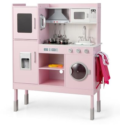 COSTWAY Cucina Giocattolo per Bambini, Cucina Legno per Bambini con Macchina del Ghiaccio, Telefono, Lavatrice, Microonde, Altezza Regolabile, Funzione Luci e Suoni, per Bambini 3+ Anni