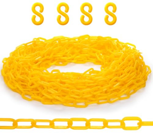 Peohud 50Ft Plastic Safety Chain, 15M x 6mm Diameter Plastic Chain Barrier, Yellow Barrier Chain Links for Fence, Parking, Gate, Crowd Control, Queue Line, Do Not Enter Chain