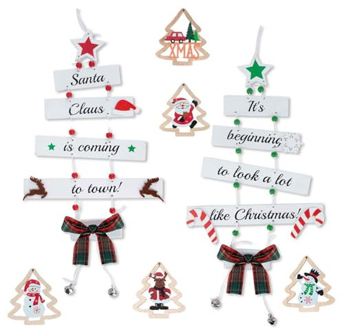 GWAWG 2 PCS Wood Christmas Decorations - Indoor/Outdoor Wall & Room Decor with 5 Small Wooden Christmas Tree Ornaments