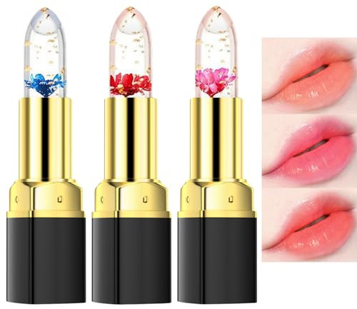 Tbeautfave Crystal Flower Jelly Lipstick Set, 3 Pack Temperature Colour Changing Lipstick Tinted Lip Balm Lip Stain Long Lasting Clear Nutritious Moisturizer Lip Balm Gift Set