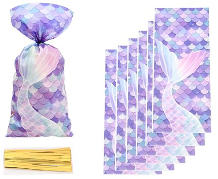 mciskin Personalisierte Meerjungfrauen-Geschenkpapier, Zellophantüten für Mottoparty, kleine leere Geschenktüten mit Bindebändern für Süßigkeiten, Kekse, Leckereien, Geburtstag, Hochzeit