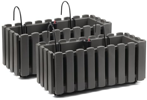 Tymar Blumenkasten mit Halterungen landhausstil, Balkonkasten lattenoptik, Pflanzkasten Landhaus, 2er-Pack, Garten, Balkon, Terrasse (Grau, 40 cm)
