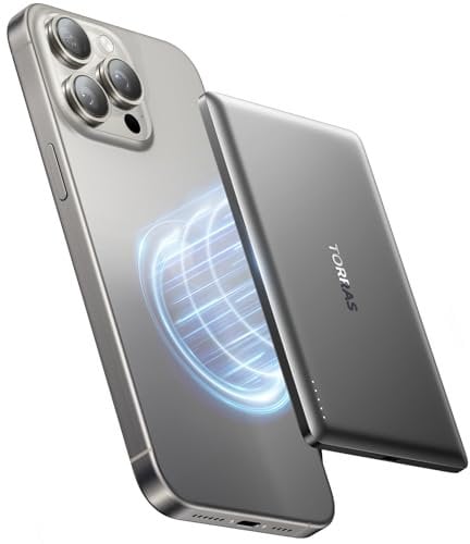 TORRAS MiniMag Ultra-Slim Power Bank for MagSafe, 18W Fast Charging 5000mAh Magnetic Portable Charger Small, Wireless Battery Pack with USB-C Cable for iPhone 16 Pro Max/15/14/13/12, Gray Titan.