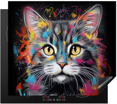 KitchenYeah© Induction Hob Cover Protector Mat 20.1x23.2 / 59x51 cm Kitchen Universal Ceramic Covers for Electric Cookers Vinyl Cat - Graffiti - Animals - Colours - Grey