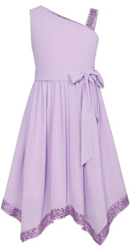 GRACE KARIN Mädchen Sommer One Shoulder A Linien Kleid Pailletten Geburtstags Kleider Lila 14 Jahre