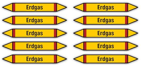 Aufkleber: 100x15 mm, 10 Stück - Gruppe 4 - Brennbare Gase - Rohrleitungskennzeichnung - nach DIN 2403 - Sprache: deutsch - Erdgas