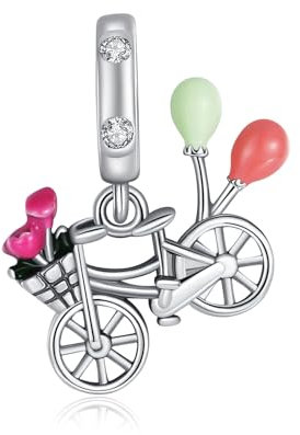 Alstiva Fahrrad mit Ballon Charm-Anhänger 925 Sterling Silber 5A Zirkonia Charm Anhänger für Armband Charm Bead Pendant für Europäische Armbänder Halsketten Schmuck Geschenk für Damen Frauen