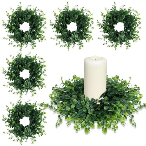 Mini-Kerzenringe aus Buchsbaum, Grün, für Frühling, Sommer, Küchenschrank, Girlanden, Kranz, 7,6 cm, Hochzeitsringe, Kränze, Stumpenkerzenhalter für Hochzeit, Zuhause, Tür, Tischdekoration, 6 Stück