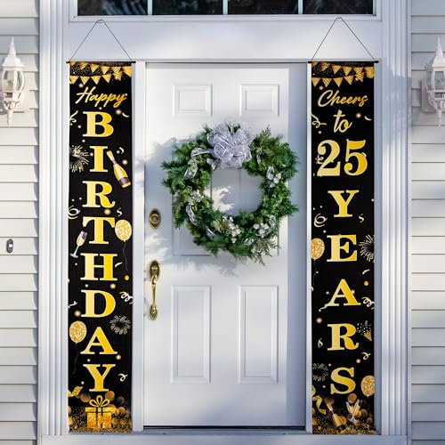 Happy 25th Birthday Door Banner Black Gold 25th Birthday Party Decorations, 25th Birthday Door Decorations Porch Hanging Banner for Her Him Women 25 Year Old Indoor Outdoor Garden Black Gold