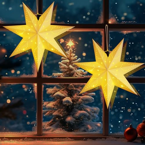 Mstnoixgc 2 Stück Papierstern Lampenschirm, LED Papierstern Beleuchtet zum Aufhängen, LED Weihnachtssterne Beleuchteter, für Hochzeit,Geburtstag,Weihnachten,Festival,Party Dekoration (Weiß, 45cm)