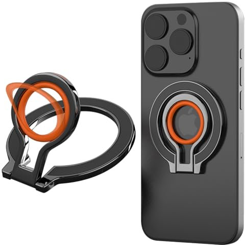 Ysnzaq Phone Magnetic Ring Holder for MagSafe, Two-Sided Magnetic Finger Ring Kickstand With Silicone Finger Grip for iPhone 15/14/13/12 Series & Android Devices. 8D-Black Orange