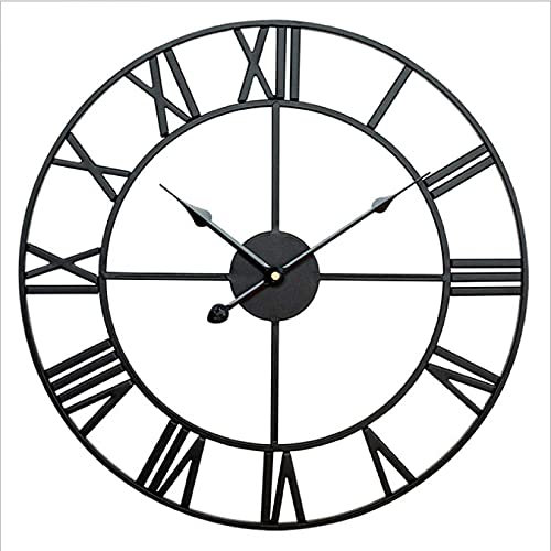 RJPLIST Wall Clock Large Outdoor Garden Wall Clock New Big Roman Numerals Giant Open Face Metal Black wrought iron wall clock-40cm, Black, 50CM