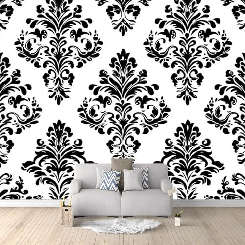 Wallpaper 250 x 175 cm Non-Woven Premium Art Print Fleece Wall Mural Decoration Black and White Damask Pattern Bedroom Home Poster Decoration Grey and White