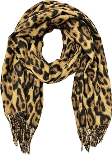 XXL Leopard Winter Herbst Schal Stola Tuch Übergangsschal Wolle Baumwolle mit Fransen Leo (Braun)