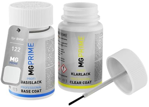 MG PRIME Pintura automotriz Set de lápices de retoque para BMW 122 Blanco Uni Pintura base pintura transparente, 50 ml cada uno