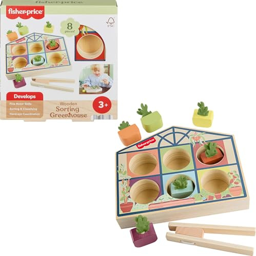 Fisher-Price Juguete Preescolar para jardín pequeño, Actividad de Invernadero de clasificación de Madera con Pinzas de Motor Fino para niños a Partir de 3 años