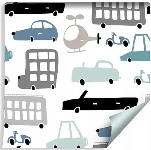 Kindertapete in Fahrzeuge, Transportmuster, Auto, Busse und Helikopter, Grau-Blau