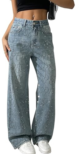 Vagbalena Damen hohe Taille Glitter Pailletten Strass lose mit Taschen Jeans hohe Taille Perlen Vintage Street Jeans Hot Strass weites Bein Hose