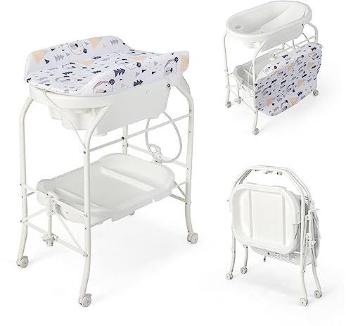 COSTWAY Fasciatoio Neonato con Vaschetta Bagnetto, Pieghevole (Bianco) | Fasciatoio con Materassino, Cestino Portaoggetti, Ruote con Freno, Portata 35kg+15kg