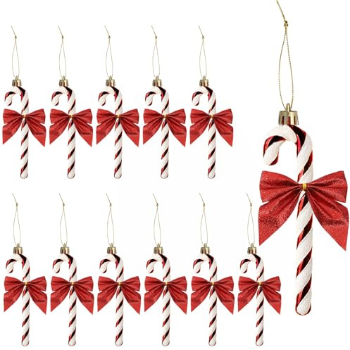 YIEUR 12 Stück Christbaumschmuck Zuckerstangen mit Schnur Baumschmuck Weihnachtsdeko (Rot)