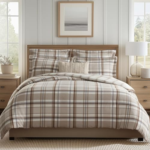 Levtex Home Spencer Plaid Neutral – Bettbezug für Doppelbett (228,6 x 238,8 cm) + Zwei Standard-Kissenbezüge (50,8 x 66 cm). Karomuster, Beige/Hellbraun/Cremefarben, wendbar, gebürstetes Flanell