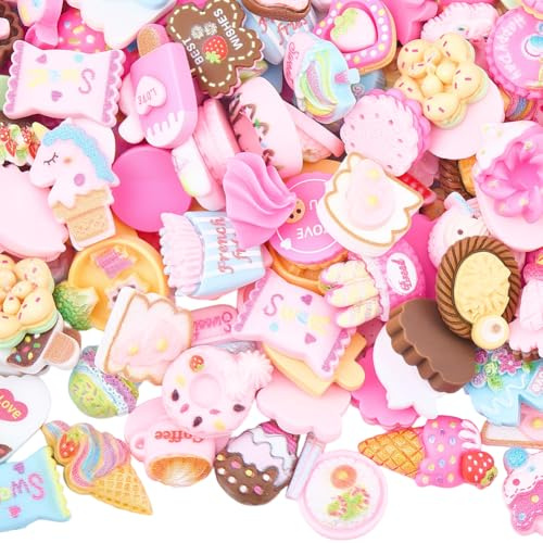 SUNNYCLUE Ca. 200 Stück Donut Harz Charms Flache Rückseite Cabochons Kawaii Süße Süßigkeiten Eiscreme Cupcake Kuchen Süßigkeiten Cabochon Verzierungen Für Schmuck Nägel Haarspangen Handyhüllen Scrapbo