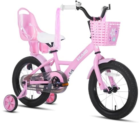 JOYSTAR Zinnia 14 Zoll Kinderfahrrad für Mädchen von 3-5 Jahren, 14 Zoll Mädchenfahrrad mit Stützrädern & Baket & Luftschlangen,Rosa