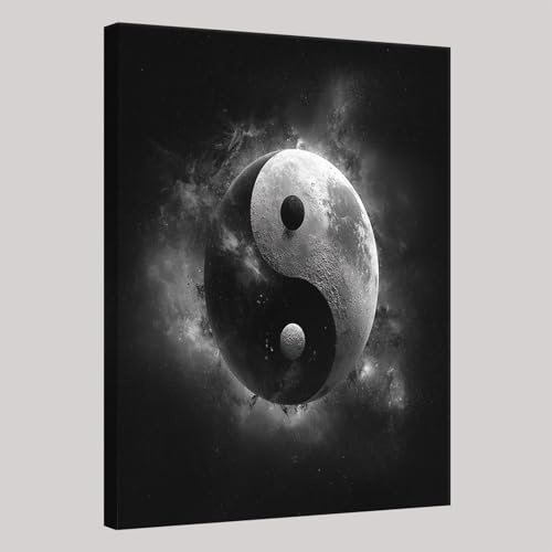 Grau Schwarz Wandbilder Dekoration Sternenhimmel Yin und Yang-Symbol Bilder auf Leinwand Aufhängefertig Kunstdruck Wanddeko Bild Canvas Modern Leinwandbild mit Rahmen 50 x 40 cm