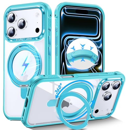 DASFOND für iPhone 17 Pro Hülle, [Kompatibel mit MagSafe ] 360°Magnetischer Ständer Militärschutz Schlankes, Stoßfeste Kratzfeste Handyhülle für iPhone 17 Pro Case All-in-One, Transparent Petrol