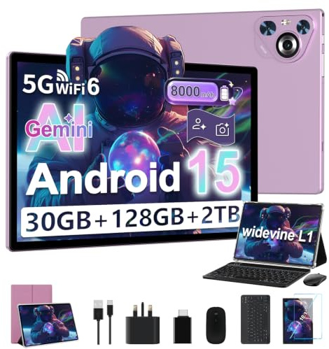 JUSYEA 2026 Tablet 10 Inch Android 15, 30GB RAM+128GB ROM/TF 2TB, 8000mAh, Parental Control, 8-Cores, Gemini AI/Widevine L1, BT5.0, 8MP+5MP, WIFI 6, Tablets Mouse and Keyboard Set-Purple