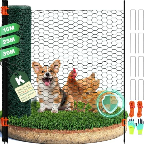 HiYi Begrenzungszaun Maschendrahtzaun mobiler Hühnerzaun & Hundezaun, 120 cm Höhe, Kunststoff beschichtet, Geflügelzaun Set mit Fiberglaspfosten für Garten & Tiergehege,30m