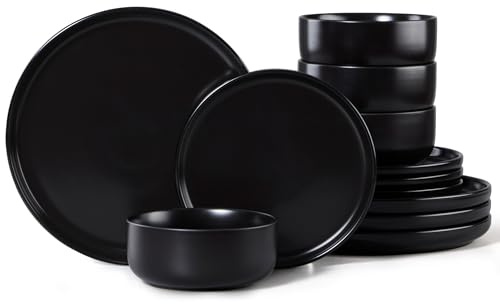 Joyfair 12-tlg Steinzeug Geschirrset 4 Personen - Abyssal Schwarz | Reaktive Glasur Geschirr Set mit Speiseteller, Dessertteller, Müslischalen, Mikrowellen- & Spülmaschinenfest