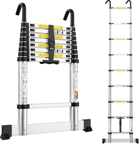 Telescopic Ladder 2.6M Aluminium Loft Ladder, Ladders Extendable with Hooks | Portable Extension Ladders with Stabilizer Bar for Roof Loft Caravans