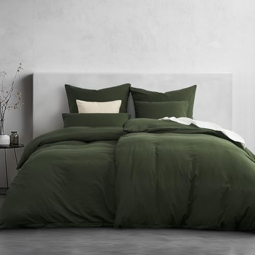 Duvetnova Bettwäsche Olivgrün 155x220 4 teilig Superweiche Vorgewaschene Mikrofaser Baumwollähnlich ÖKO-TEX 2 Bettbezüge 155x220+2 Kissenbezüge 80x80-alle mit Reißverschluss Olivgrün Bettwäsche