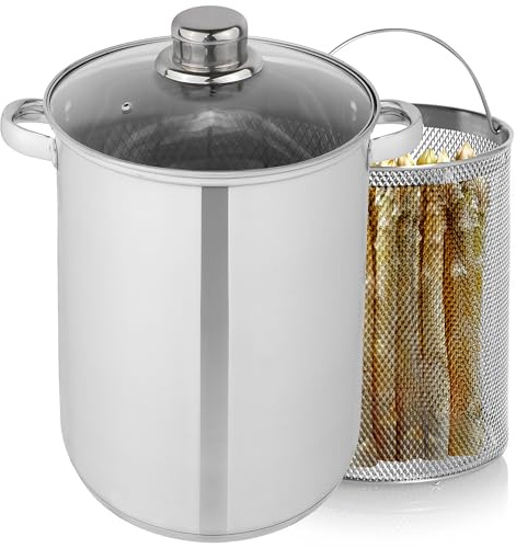 Brixy Multifunktionaler Spargeltopf und Pastatopf aus Edelstahl, Ø 16.5 cm, 25 cm hoch, 4,2 L Volumen, für alle Herdarten geeignet, Silber