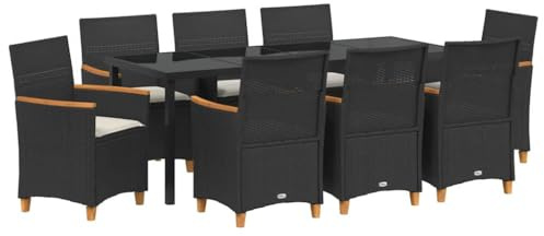 Owoxanthellate Ensemble de meubles de jardin en polyrotin 9 pièces - Noir - 200 x 80 x 73 cm - Avec plateau en verre et pieds en bois - Table à manger moderne pour terrasse, balcon et jardin