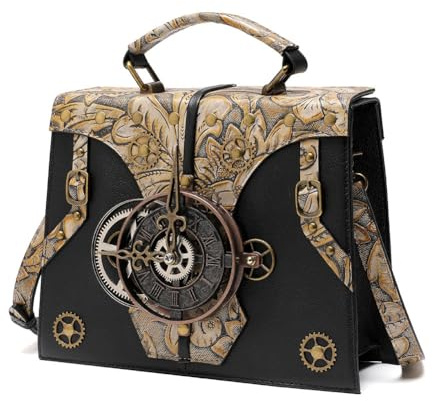 RZXCFPL Sac à Main Femme en Cuir Véritable Sac Bandoulière, Empiècement Horloge Brodé et Gaufré Style Bohème-Chic Florale, Bandoulière Réglable, Cadeau Médiéval Renaissance
