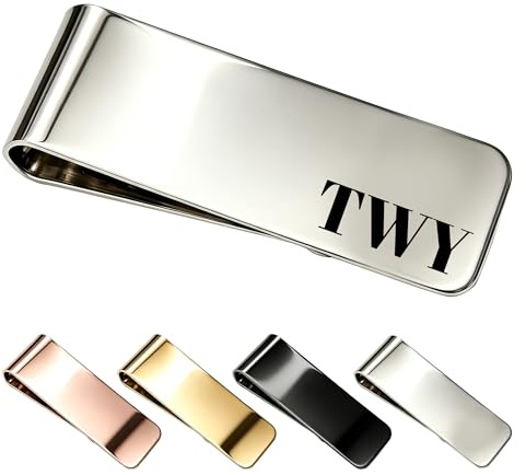 toyofmine Clip de Dinero Personalizado para Hombre Grabado con Iniciales | Pinzas para billetes inoxidable, Regalo para hijo, esposo, abuelo, papá o novio, Portabilletes y tarjetas para cumpleaños