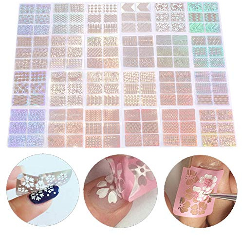 24 pcs DIY Calcomanías de Arte Uñas, Manicura calcomanía decoración herramienta con diseño de hojas de vinilo y la plantilla, Plantillas pegatinas equipos para decoraciones dibujo