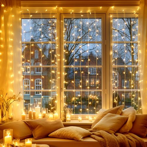 Avoalre Cortina de Luces LED 6 * 3M 600 LED Guirnalda Luces Decorativas 8 Modos Función de Memoria Impermeable IP44 Decoracion Luz Navidad, Festivales, Bodas, Casa - Blanco Cálido