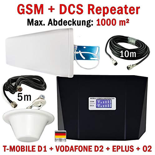 GSM + DCS Repeater Handy Verstärker für alle Provider - Telefonie Verstärkung (bis zu 1000 m²) T-Mobile D1 / Vodafone D2 (900 MHz) O2, E-Netz (1800 MHz) + Außen- und Innenantenne + Montagezubehör