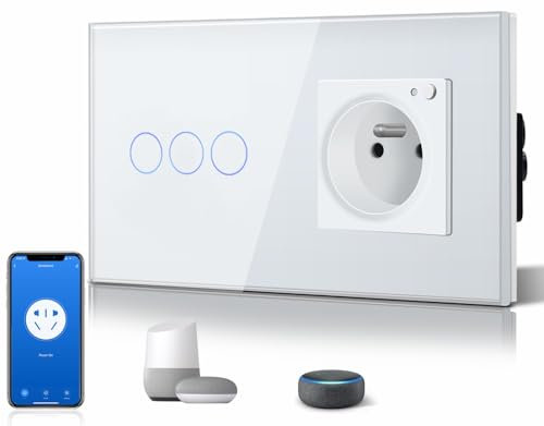 BSEED WIFI Intelligent Alexa Interrupteur D'Éclairage avec Prise Standard Français Work avec Google/Tuya Interrupteur à Écran Tactile en Verre 3 Gang 1 voie Blanc (Ligne Neutre Requise)