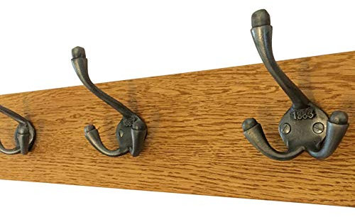 Element Wooden Designs Antique Coat Rack Industrial Triple 1883 Cast Iron Hooks Solid Oak Wood Vintage Wall Mounted (30cm 2 Hooks)